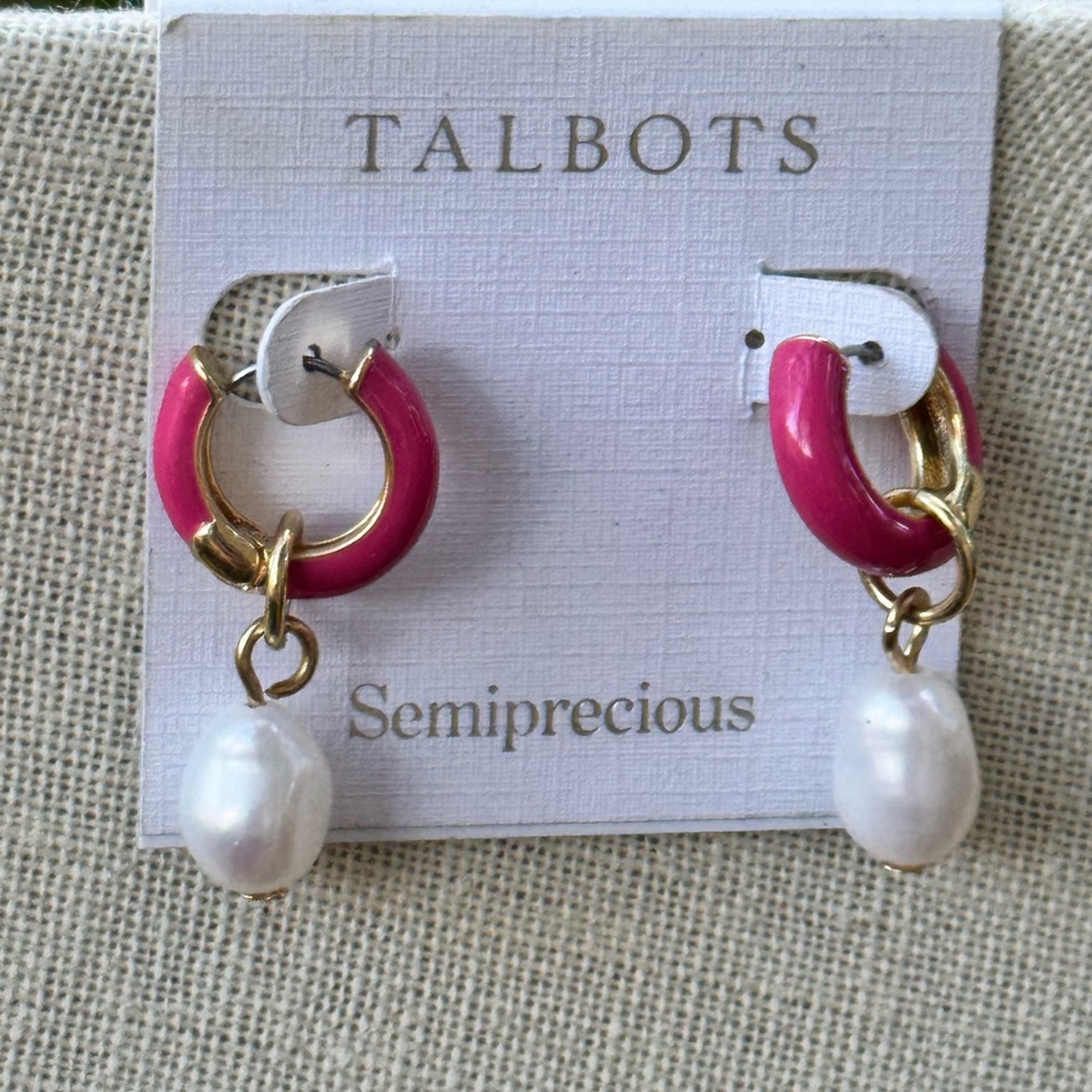 💗 Talbots Pink Hoop & Pearl Drop Earrings